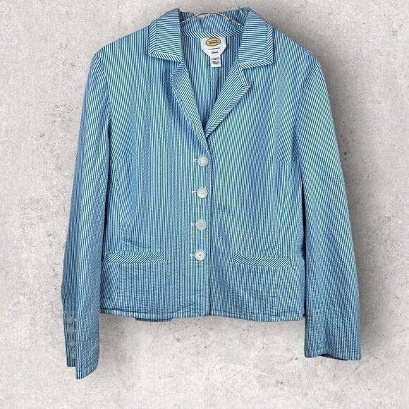 RARE!!!! TALBOTS Seersucker Blazer Pin Stripe in White and Turquoise Size 14 - Picture 1 of 9